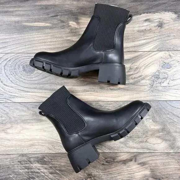 NIB Steve Madden 9.5M Hutch Stretch Lug Sole Chelsea Boots Black Faux Leather - Picture 3 of 11